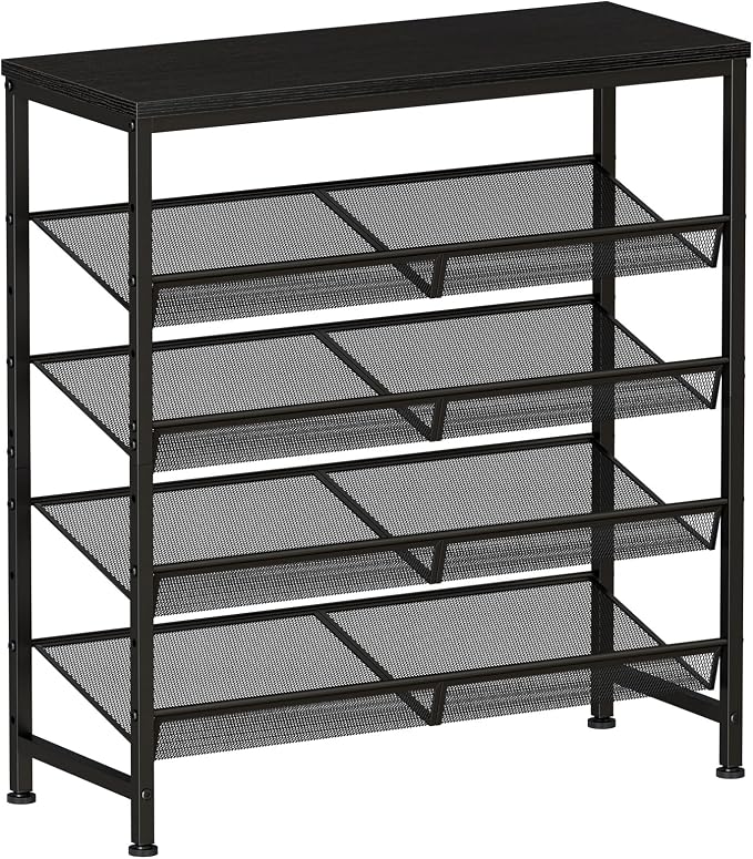 DUMOS 5-Tier Shoe Rack, Mesh Shelves & Wooden Top, Holds 20 Pairs, Black | Adjustable shelves lay flat or angled, metal frame with leveling feet, fits entryways & closets, industrial black finish
