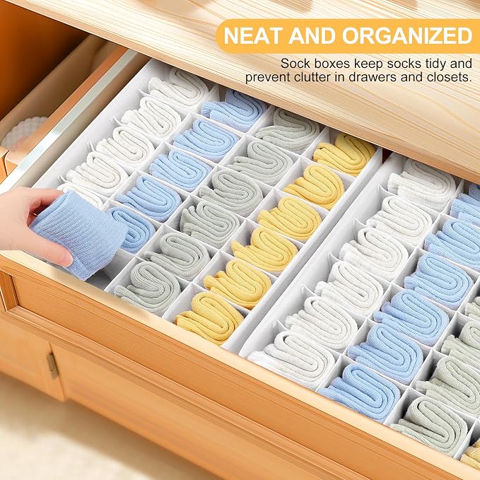 joyoldelf Sock Drawer Organizer Divider Underwear Organizer 24-cell Fabric Dresser Drawer Organizers Storage Boxes for Socks Lingerie, Handkerchiefs, Ties 4 Pack (White)
