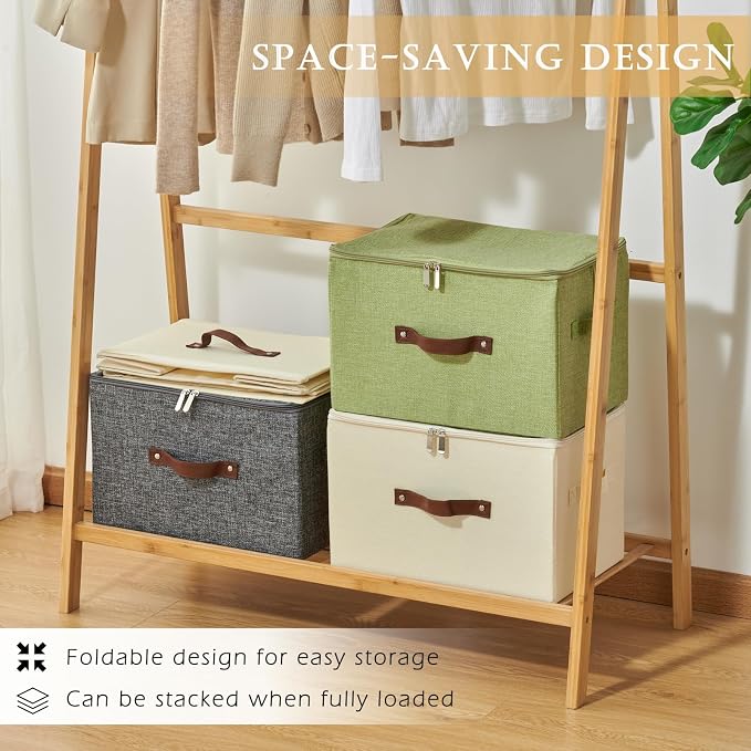Storage Bins with Zipper Lid Cotton Linen Fabric Lidded Storage Baskets Boxes Foldable Washable Closet Shelf Clothes Organizer Container with PU Leather Handles (Black, Extra Large)