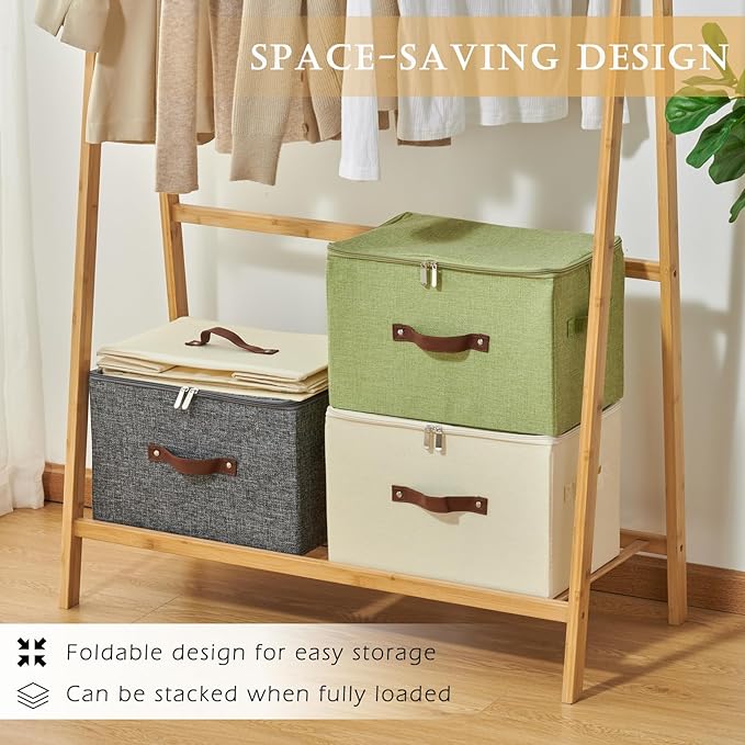 4 Pack Storage Bins with Zipper Lid Cotton Linen Fabric Lidded Storage Baskets Boxes Foldable Washable Closet Shelf Clothes Organizer Container with PU Leather Handles (Purple, Small)