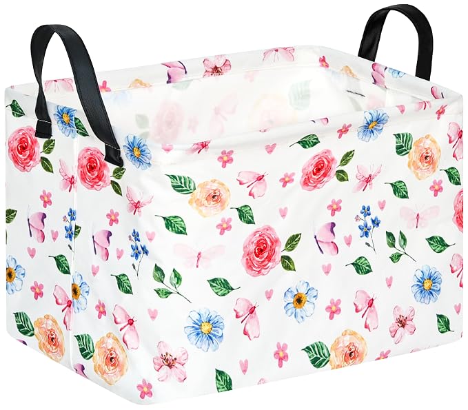 Rectangular Storage Bin for Shelves Cute Flower Gifts Baskets Foldable Box with Handles for Girls Home Office Car Dormroom Spring Supplies