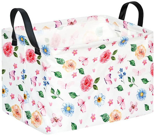 Rectangular Storage Bin for Shelves Cute Flower Gifts Baskets Foldable Box with Handles for Girls Home Office Car Dormroom Spring Supplies