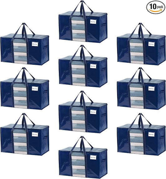 VENO 10 Pack Moving Bags with Clear Window, Heavy Duty Storage Bins with Lid, Around Handles, Tag, Zippers, Extra Large Totes Packing Moving Boxes Supplies for College Dorm Clothes (Blue, 10 Packs)