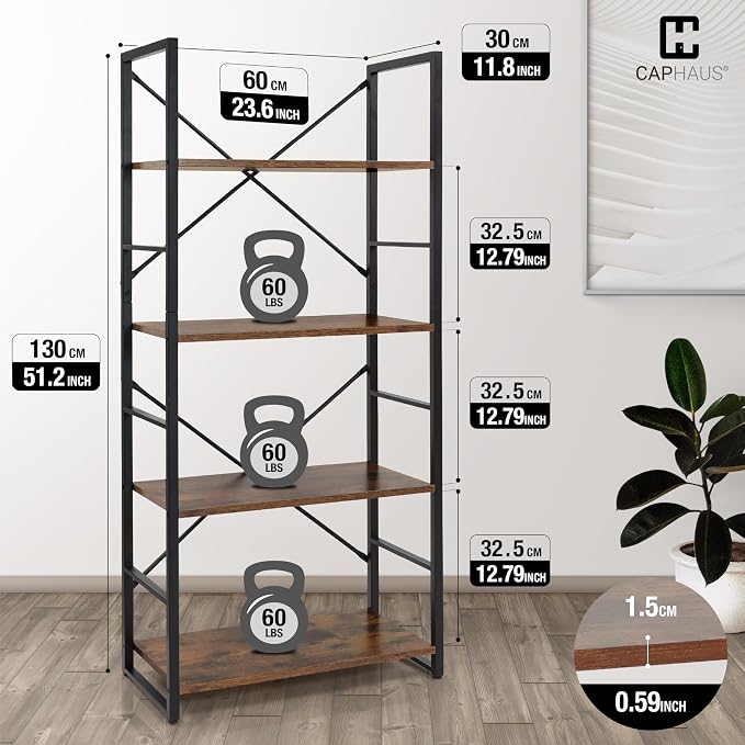 CAPHAUS 4 Tier Bookshelf, 24 Inch Width Free Standing Shelf, Bookcase Shelf Storage Organizer, Industrial Book Shelves for Home Office, Living Room, Kitchen, Rustic Oak Vintage Shelves & Metal Frame