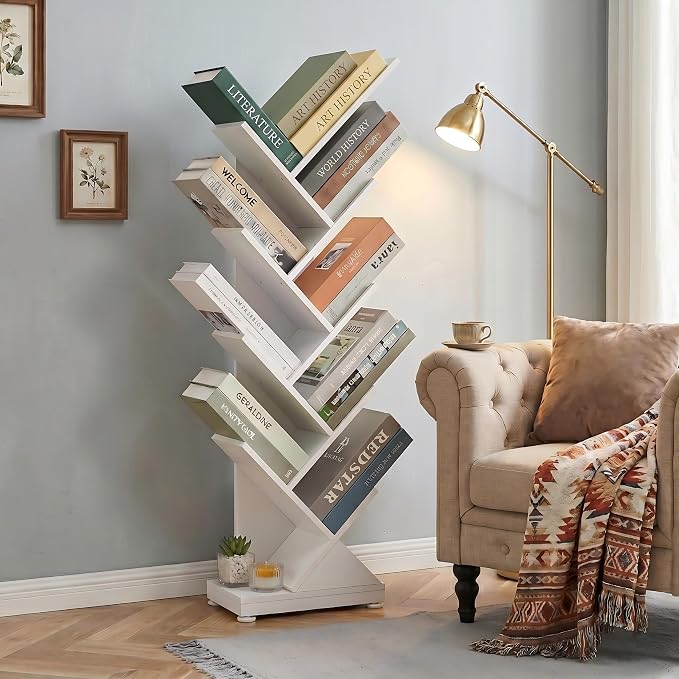 ruboka 9-Tier Tree Bookshelf Storage Organizer Display Rack (White) | Floor standing Bookcase, sturdy wood, space-saving. Ideal Book Shelf for living room, bedroom, office. Holds magazines, CDs.