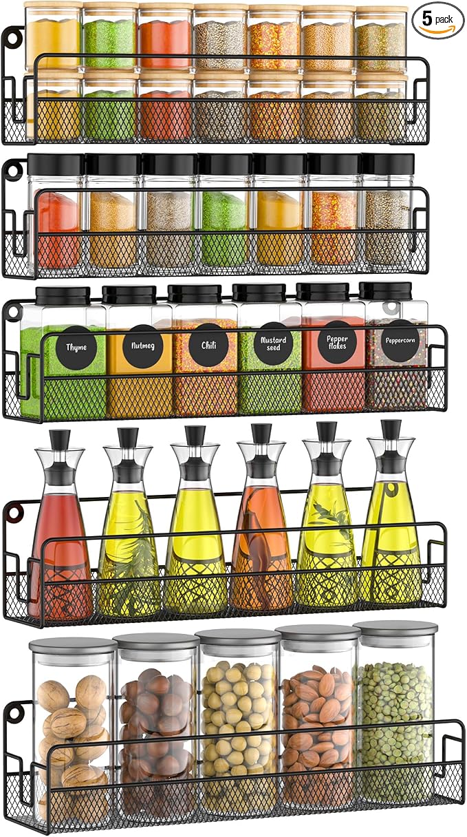 Wall Mounted Spice Rack Organizer, Pantry Door Organizer & Hanging Storage Baskets, Metal Spice Shelf for Kitchen Cabinet, 3 Depth Sizes Hold Large Jars to Nail Polish Bottles, 5 Pack