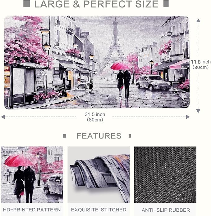 Lokigo Paris Eiffel Tower Desk Pad,Mouse Pad,Romantic Vintage Gray Pink Large Desk Mat for Girls Women, Laptop Writing Mat for Office Work/Home/Decor, Pink, 31.5"x11.8"