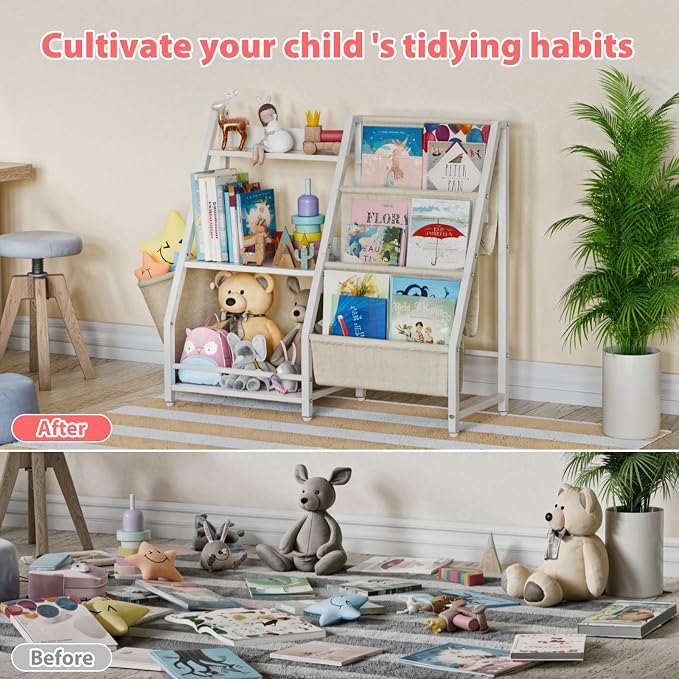 LATIBELL 3 Tier Kids Bookshelf and Toy Storage, Kids Book Sling Shelf, Montessori Baby Toddler Bookshelf for Kid, Kid Bookcase, Toy Storage Organizer (White)