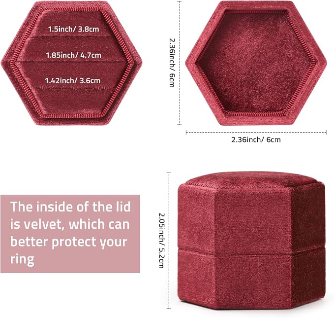 WantGor Velvet Jewelry Ring Box, 3 Slots Hexagon Ring Gift Box Ring Holder | Vintage Ring Display Case for Wedding Ceremony Proposal Engagement (Burgundy, 3 Slots)