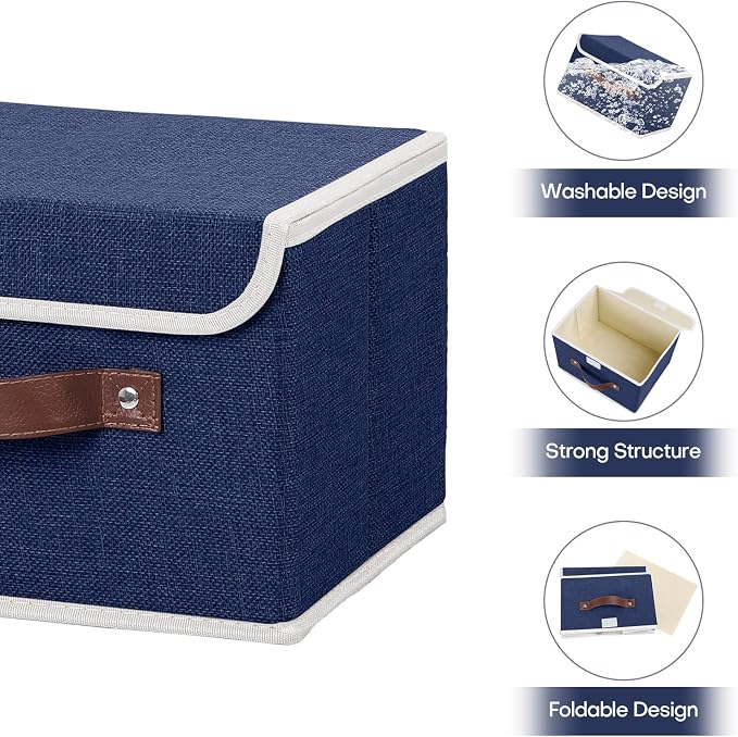 ANMINY Storage Bin with Lid Storage Boxes with PU Leather Handles PP Plastic Board Decorative Foldable Lidded Cotton Linen Fabric Home Cubes Baskets Closet Organizer Container - Blue, Medium