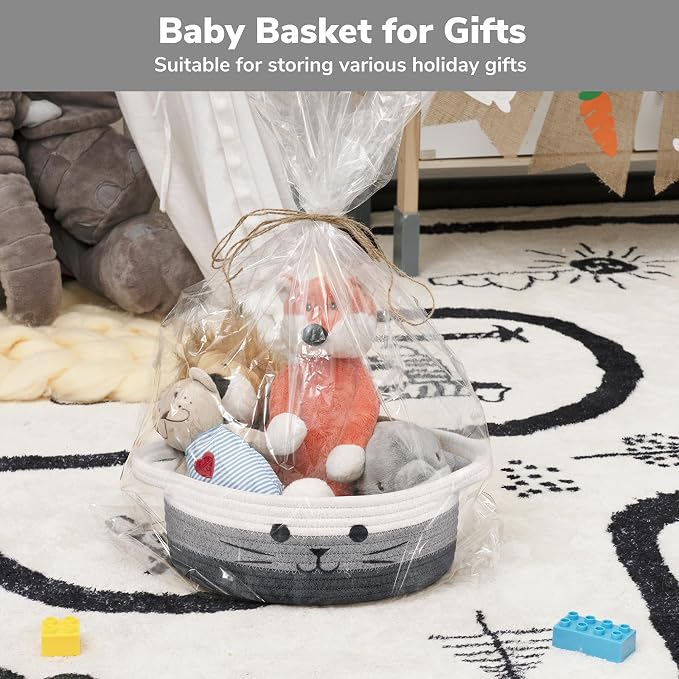 Cute Cat Toy Basket, Small Woven Basket for Organizing Living Room, Decorative Gift Baskets for Baby Shower, Pet Toys Storage, Mixed & Gray, 9.8 x 4 inches