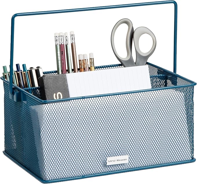 Mind Reader Multi-purpose Storage Caddy with Handle, Desktop Organizer, Cutlery Holder, 4 Compartments, Metal Mesh, Turquoise
