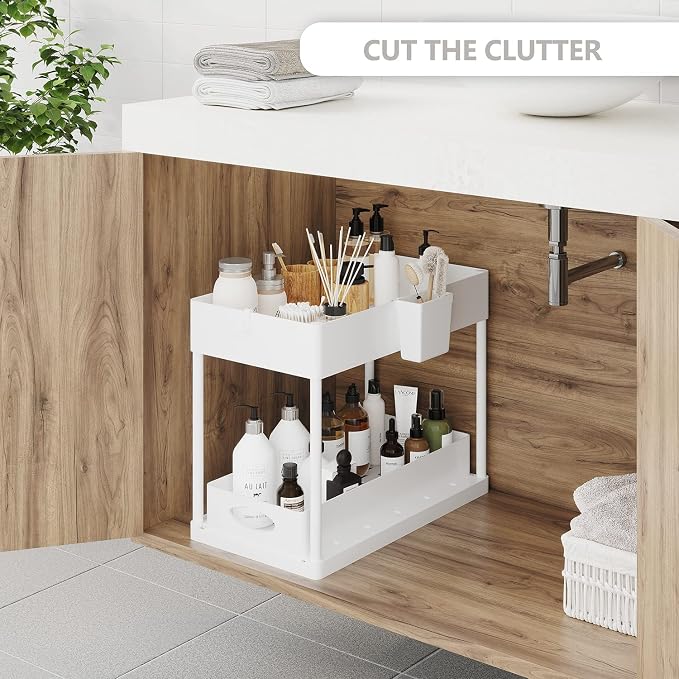 Under Sink Organizers and Storage | Bathroom Cabinet Organizer, Sink Shelf with Utility Hooks and Side Caddy for Under Cabinet Storage | White (2-Pack) Under Kitchen Sink Organizer with Sliding Drawer