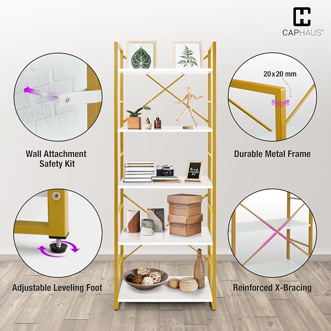 CAPHAUS 6 Tier Bookshelf, 24 Inch Width Free Standing Shelf, Bookcase Shelf Storage Organizer, Industrial Book Shelves for Home Office, Living Room, Kitchen, White Wooden Shelves & Gold Frame