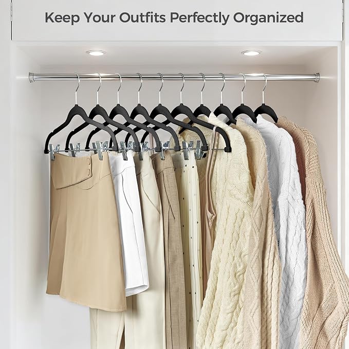 HOUSE DAY Velvet Hangers with Adjustable Clips 30 Pack, Non-Slip Suit Organizer with 360° Hook - Heavy Duty Hanger for Pants, Skirts, Blouses, Dresses - Outfit Hangers All-Season Space Saver (Black)