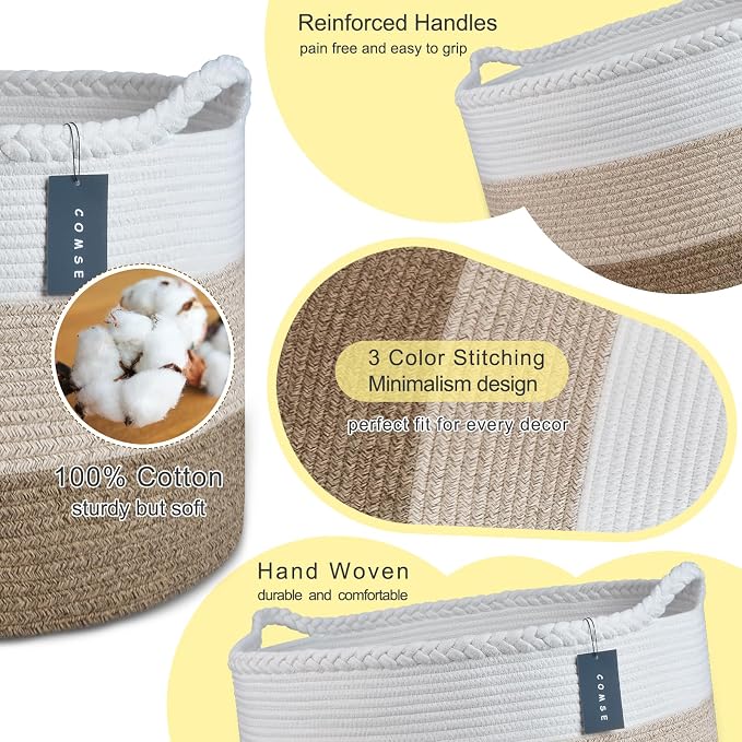 COMSE Extra Large Blanket Basket, Woven Laundry Basket, 21.7”x 13.8”, Nursery Hamper, Cotton Rope Laundry Hamper Living Room for Storage Toys Clothes Towels(White & Gradient Brown)