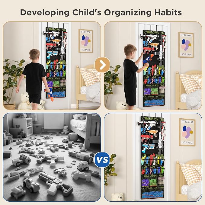 Over the Door Organizer for Toy Guns, Toy Gun Storage Organizer with Pockets and Slots for Kids Foam Blasters, Darts, Goggles, Over Door Toy Storage Hanger for Kids Rooms, Game Rooms, Green