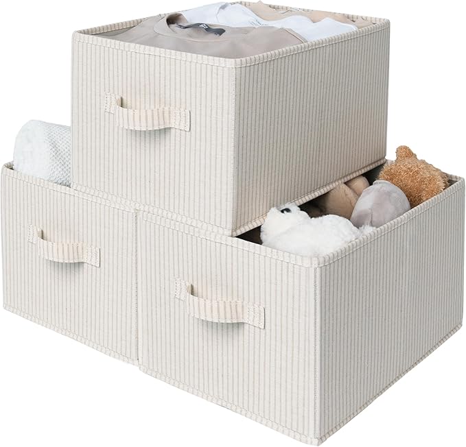 StorageWorks Foldable Shelf Organizer Bins, Closet Storage Baskets for Clothes, Fabric Storage Bins for Shelves, Beige Stripes, 3-Pack, Large