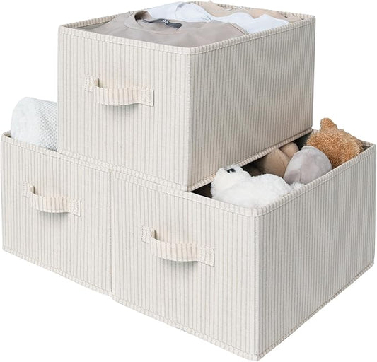 StorageWorks Foldable Shelf Organizer Bins, Closet Storage Baskets for Clothes, Fabric Storage Bins for Shelves, Beige Stripes, 3-Pack, Large