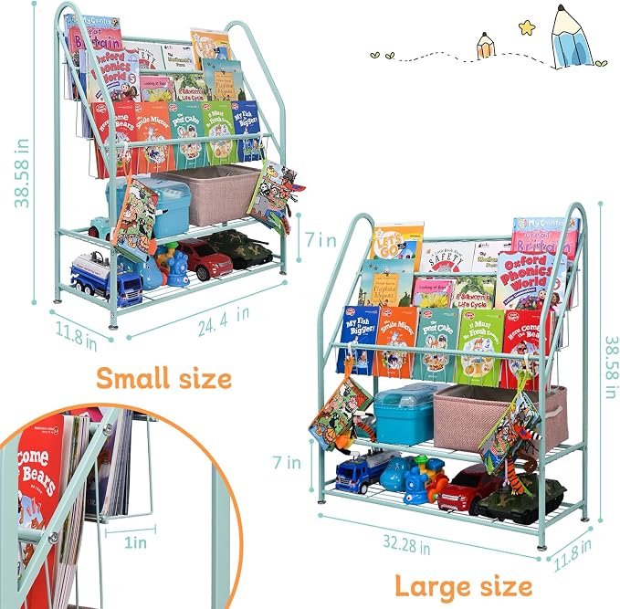 Kids Bookshelf Toy Storage, Bookcase Shelf for Children Room, 5-Tier Large Metal Cabinets Shelves Display, Freestanding Books Store Library, Bed Living Room Bins Organizer (Large, Green)