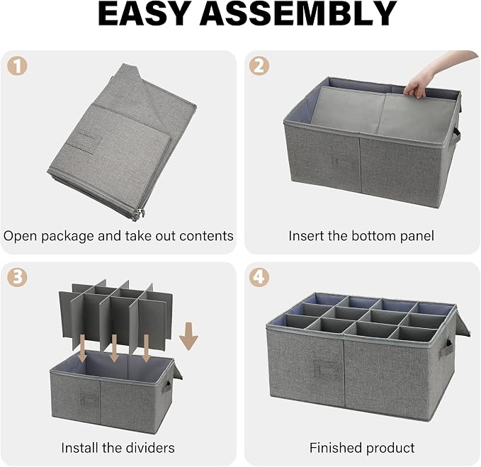 LotFancy Stemware Storage Container for Moving, Hard Shell, Wide Wine Glass Storage Box with Dividers & Handles, Stackable, Foldable Crystal Glassware Case, 21”x15.5”x10”, Grey