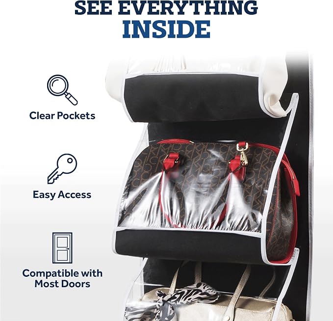 ZOBER Purse Organizer For Closet - Over The Door Purse Organizer W/ 6 Pockets for Easy Purse Storage - Durable Metal Hooks - Purse Rack W/Clear Pockets - Black (1 Pack)
