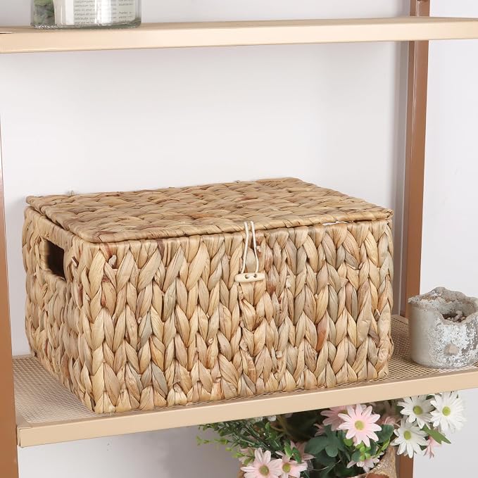 Moosky Wicker Shelf Baskets with Lid, Rectangular Storage Basket Bins with Handles Handwoven Home Desk Organizer Decor Boxes (Natural, 11.2" x 8.2" x 5.7"+12.99" x 10" x 7.08")
