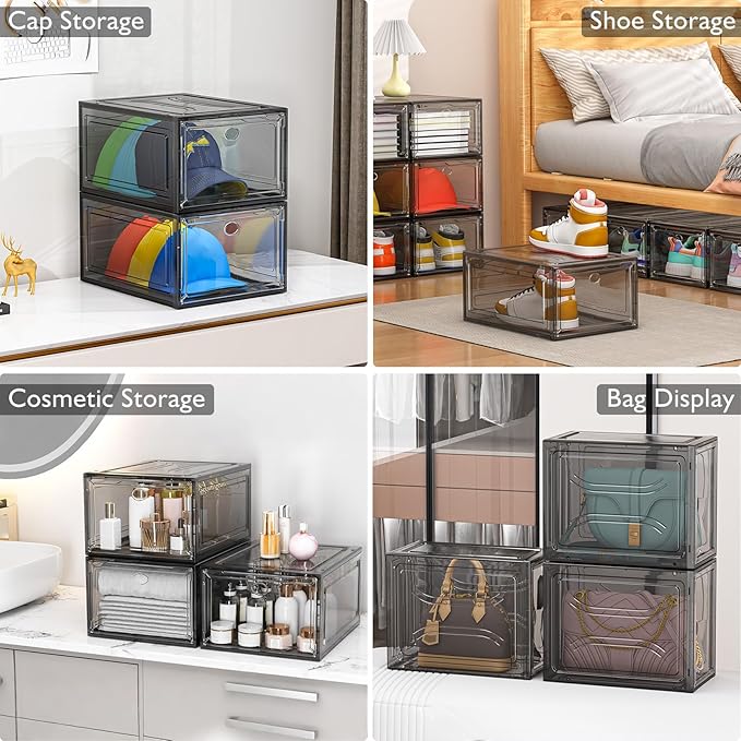 7 code Large Clear Shoe Boxes Organizer【Thicker Material】 Stronger Shoe Box with Magnetic Door, Stackable Shoe Storage Box for Closet, Foldable Space-Saving Storage Bins Shoe Cabinet, Black 9-Pack