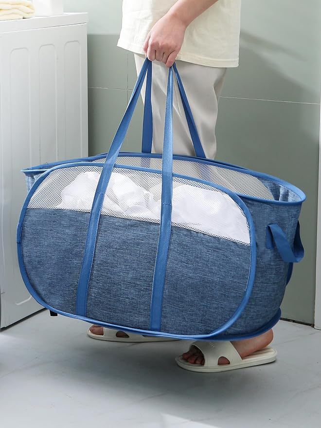 MOOMASS Pop-Up Laundry Basket，collapsible Mesh Laundry Hamper– With Extended Shoulder Straps, Sturdy Handles, and Premium Cationic Fabric (blue)…