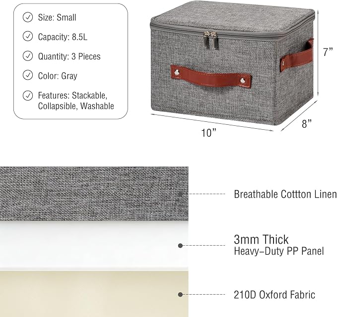 3PCS Storage Bins Boxes with Zippered Lids Cotton Linen Fabric Decorative Basket PU Leather Handles PP Plastic Board Foldable Lidded Clothing Shelf Closet Organizer Container (Gray, Small)
