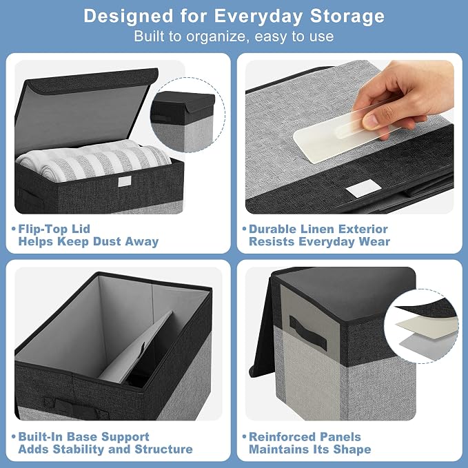 Large 17" 42 Quarts Collapsible Stackable Storage Bins with Lids [3-Pack] Foldable Fabric Linen Storage Boxes Cube, Closet Organizer Baskets with Label for Home (16.7 x 12 x 12", Black & Gray)