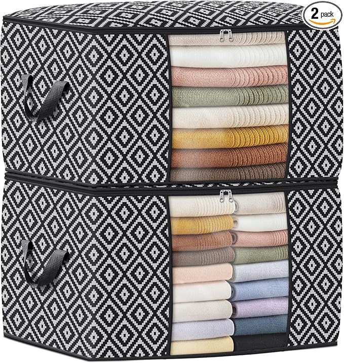 StorageTastic Direct 100L, 2 Pack, Storage Containers, Large Clothes Storage Bins Foldable Organization and Storage Bags with Reinforced Handle, Clear Window for Bedding, Blankets, Clothing, Black