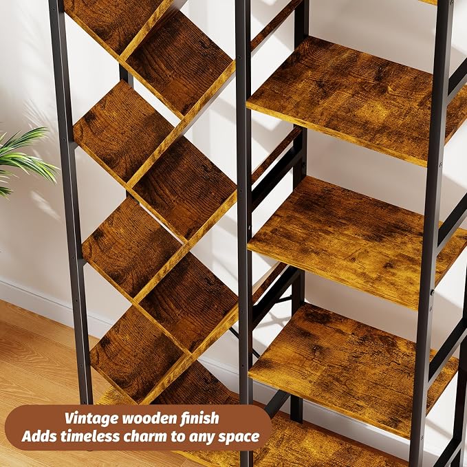 5-Tier Double Wide Bookshelf 67" , Industrial Tree BookShelves, Vintage Storage Rack with 14 Open Shelves, Large Bookcase, Wooden and Metal Bookshelves, Wide Display Rack for Home Office Decorative