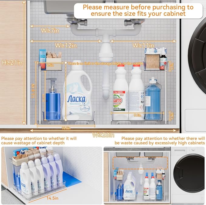 Yieach 2 Pack 14.6″ Deep Pull Out Under Sink Organizer,12.8″ High 2 Tier Slide Out Cabinet Organizer for Kitchen Cabinet,Undersink Organizers,Under Sink Shelves,Bathroom Organizers and Storage,Clear