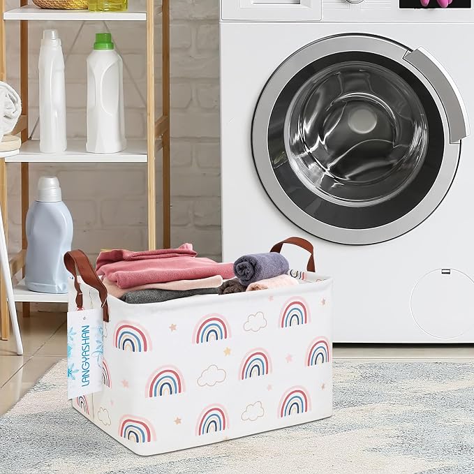 Rectangular Collapsible Cloud Rainbow Storage Basket Nursery Organizer | Storage Bin Foldable Canvas with Handles for Organizing Home Kitchen Children Toys Office Closet Shelf Baskets