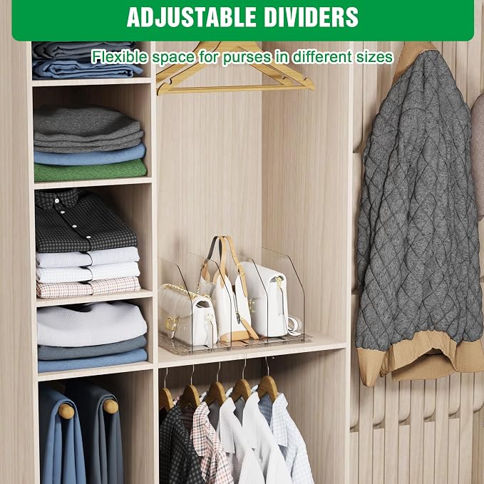 Bag & Purse Organizer for Closet, 2 Sets Adjustable Clear Handbag Storage Shelf, Plastic Clutch Dividers for Closet Organizers and Storage-Keep Purses upright (2 Sets)