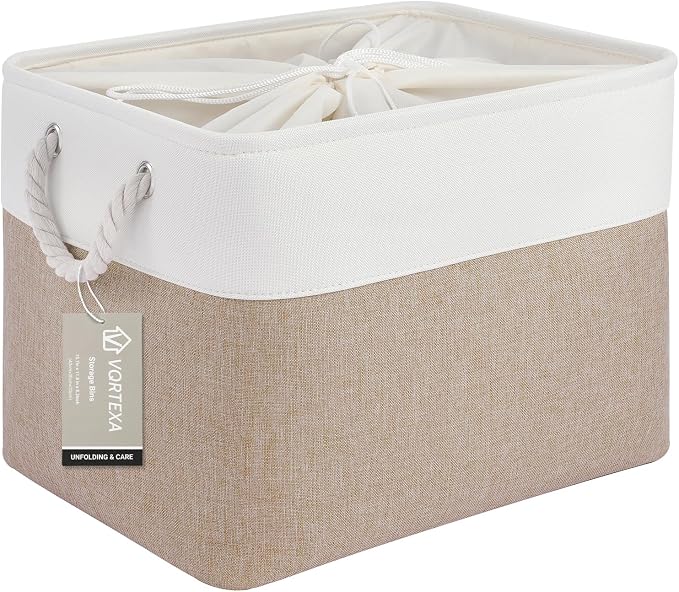 Large Storage Baskets- 16x12x12 inch Storage Bins for Shelves and Closet Organizing, Foldable Fabric Bin for Home Organization Clothes and Laundry (1-Pack, White&Khaki)