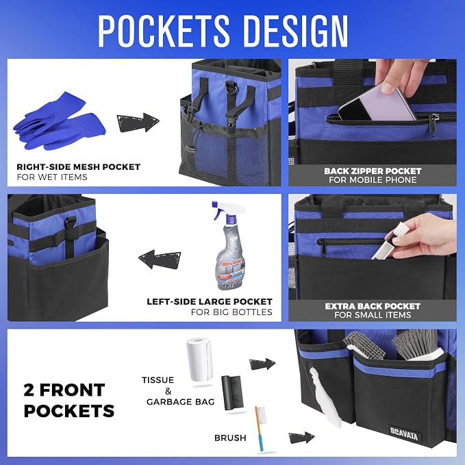 SCAVATA Compact Wearable Cleaning Caddy, Small Supplies Organizer with Handle & Shoulder Straps for Housekeepers, Under Sink & Car Cleaning Tool Organizer Bag (Blue)