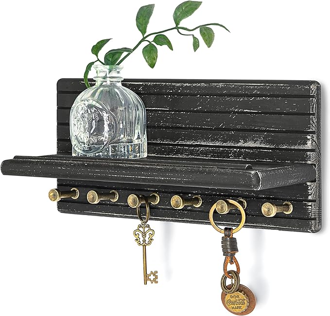 Rebee Vision Pine Wood Key Holder Wall Mount – Chic 11-Inch Key Holder for Wall with 6 Hooks & Floating Shelf - Elegant Hanging Shelf Accent for Rustic Farmhouse Home Decor (Old Black)