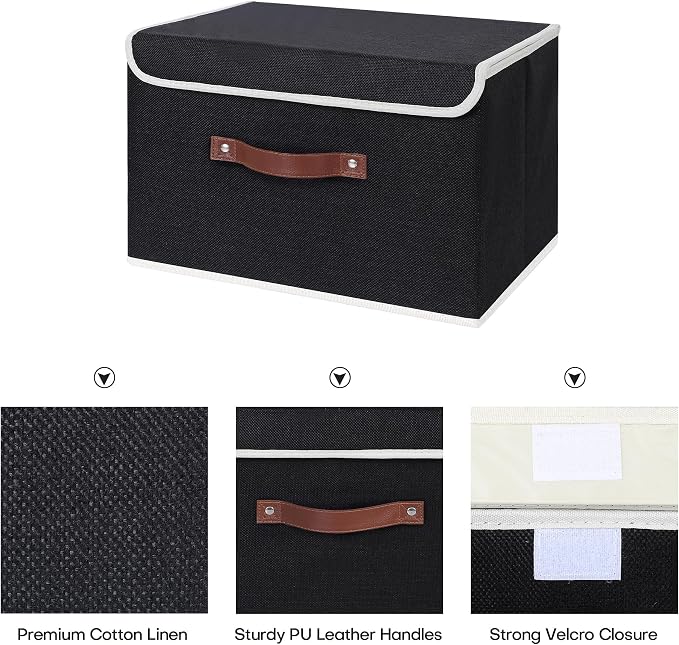 ANMINY Storage Bin with Lid Storage Boxes with PU Leather Handles PP Plastic Board Decorative Foldable Lidded Cotton Linen Fabric Home Cubes Baskets Closet Organizer Container - Black, Medium