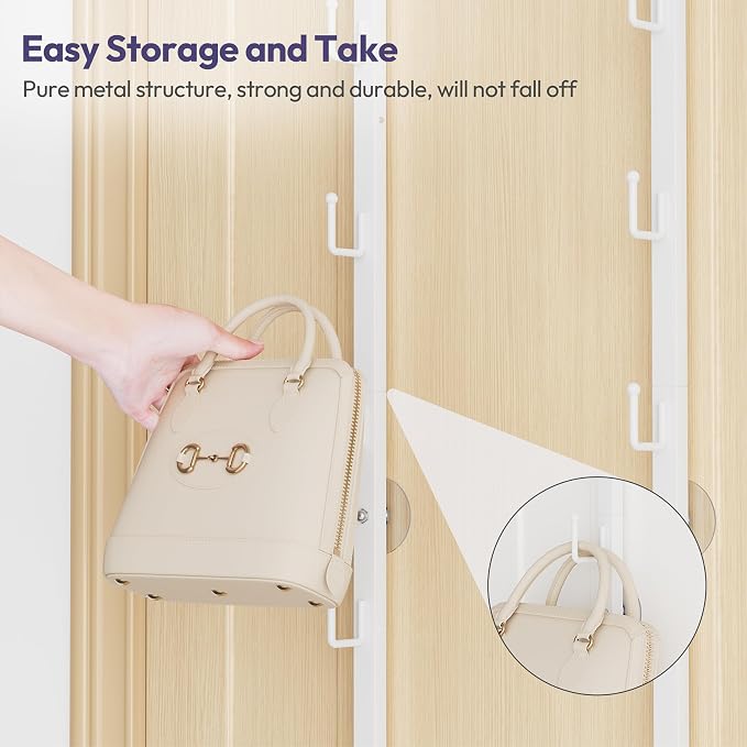 SWTYMIKI Over the Door Purse Organizer - 2 Packs Wall Mounted Purse Rack with 8 Hooks Design, Hanging Handbag Organizer Storage Holds up to 16 Bags, Bag Rack for Closet, Door (White)
