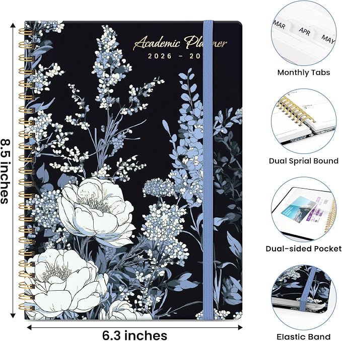 Planner 2026-2027, Hardcover Monthly and Weekly Academic Planner July 2026 - June 2027, Teacher and Student Calendar Agenda Book with Tabs, A5 (6.3" x 8.5"), Ideal for School and Office, Nocturne Peonies