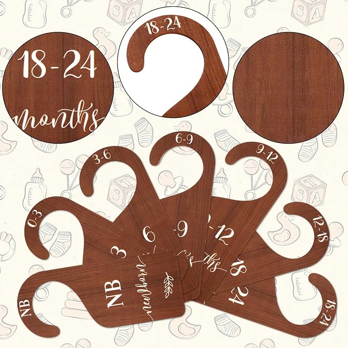 Whaline 7 Pcs Wooden Baby Closet Size Dividers with Pink Velvet Bag Newborn to 24 Month Thicken Infant Wardrobe Organizers Home Nursery Hanger Decor for Baby Shower Party Gift Supplies