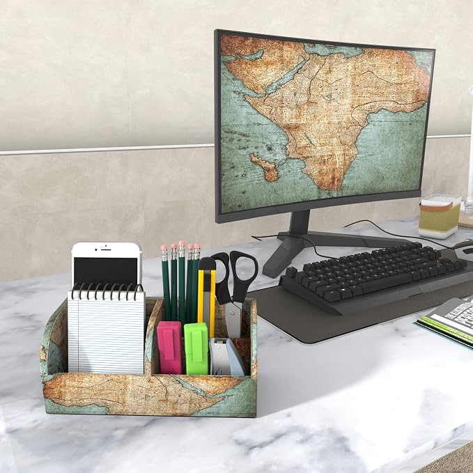 PU Leather Supply Organizer,Remote Control Holder Multifunctional Office Stationery Storage Box Organizer,Pencil Holders Organizers Table Top Desktop Desk Accessories(1-Vintage Map)