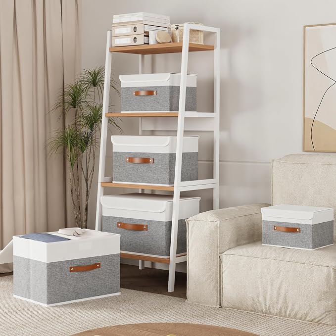Yawinhe Collapsible Storage Bins, Stackable Boxes with Lids, Cube Clothes Organizer Basket with Handles for Home, Grey and White, 10.2x7.9x6.7 In, 3-Pack, SNK024WGN-3