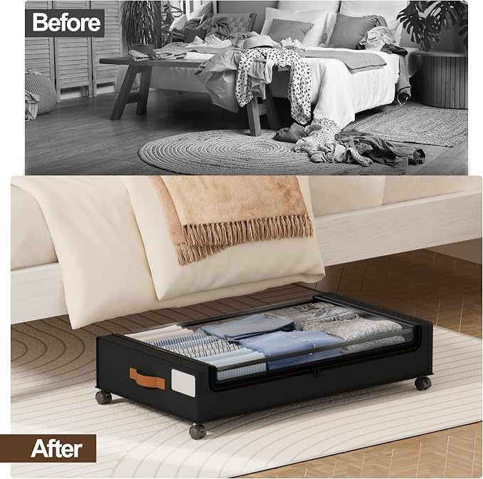 LAMU Under Bed Storage with Wheels, 2 Pack Under Bed Storage Containers with Clear Lid, XXL 60 L Underbed Storage Bins, Rolling Under Bed Metal Drawers for Clothes, Blankets, Shoes, Black