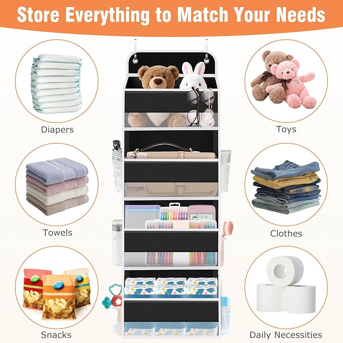 WISELIFE Over The Door Organizer Storage 4 Shelves Large Capacity Hanging Bedroom Storage Solution with 6 Side Pockets for Dorm Bathroom Pantry Nursery and Baby Essentials Holds up to 40 Lbs (Black)