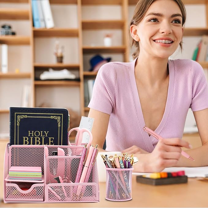 Pink Desk Organizers and Accessories,12Pcs Pink School Supplies for Girl | Office Supplies for Women Coworkers Students, Include Stapler, Pen Holder, Tape Holder, Scissors, Ruler, Staple Remover