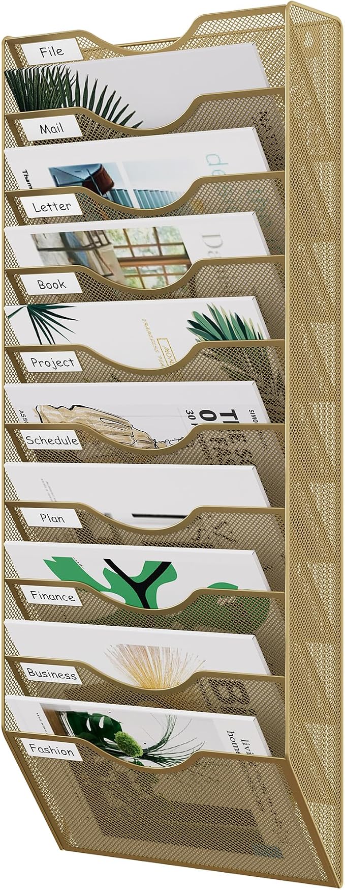 EasyPAG 10 Pocket Mesh Wall File Organizer, Hanging Paper Folder Holder with Classify Label, Vertical Wall Mount Mail Organizer for Office Home Classroom, Gold