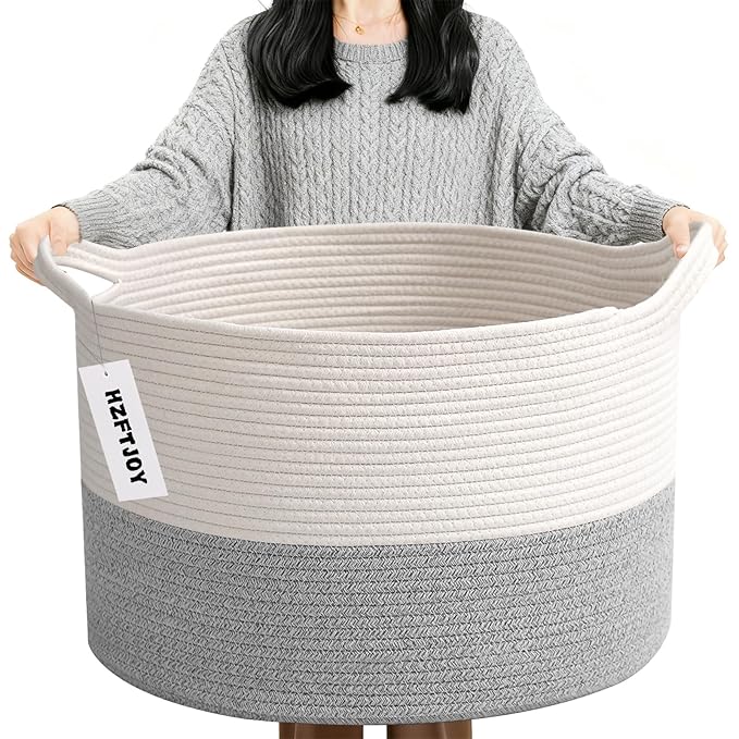 90L Extra Large Blanket Basket,Woven Rope Laundry Basket Hamper with Handles, Decorative Nursery Basket Storage Bin for Toys, Clothes Organizer, Living Room, Bedroom, Bathroom, White&Grey